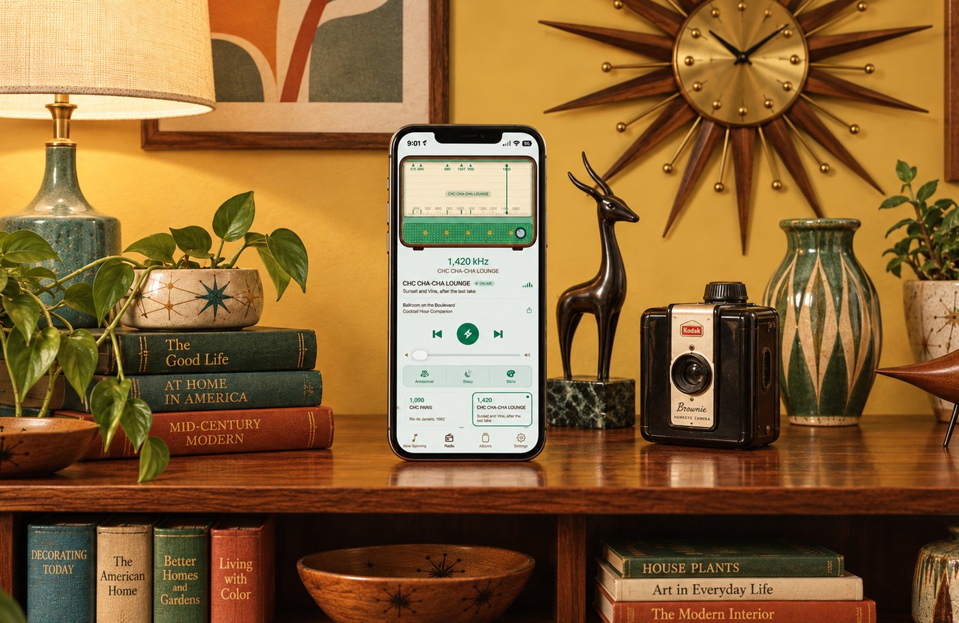 The radio dial in the Cocktail Hour Companion app, tuned to a lounge station